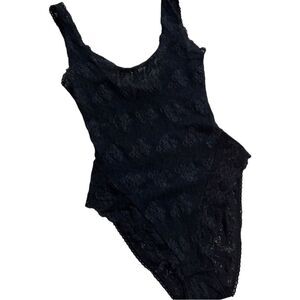 Vintage 1980s Madonna Style Black Sheer Lace Peplum Detail Bodysuit / Lingerie